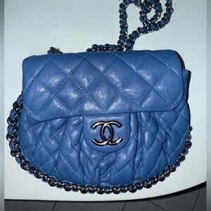CHANEL Blue Quilted Lambskin Crossbody Bag with Silver-Tone Chain